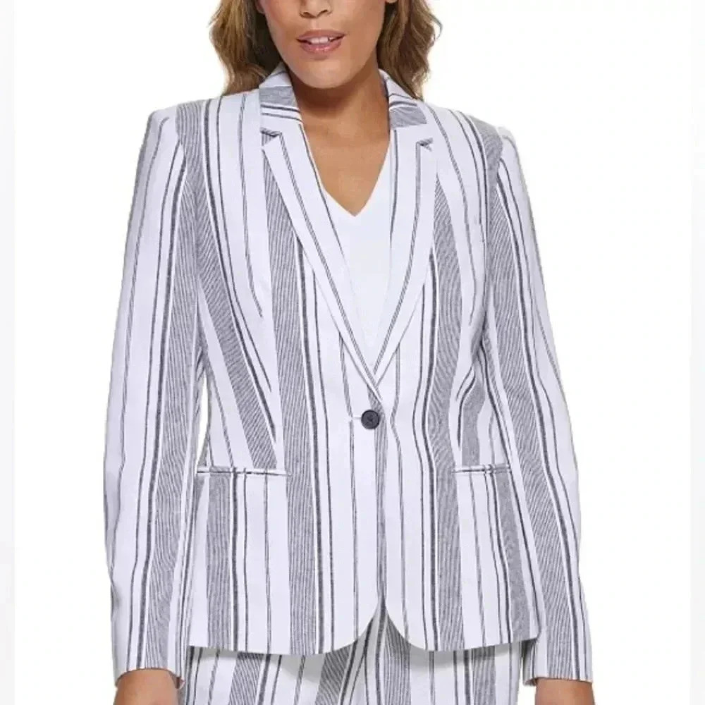 Calvin Klein Grey Ivory Women's Striped Linen One Button Blazer Jacket Size 12